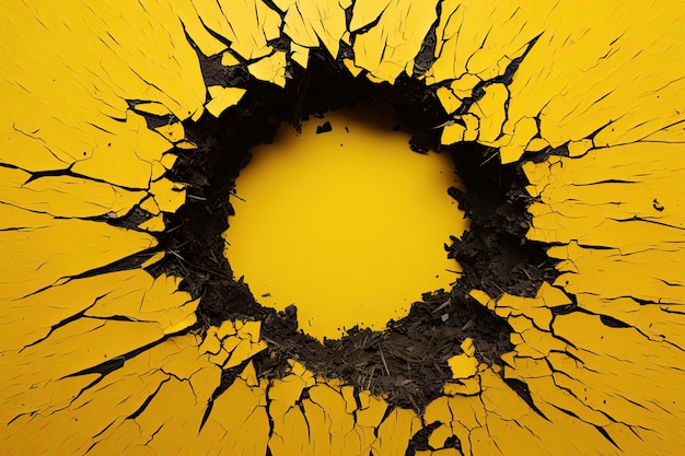 Photo grand trou noir dans le fond de mur jaune concept de percée
