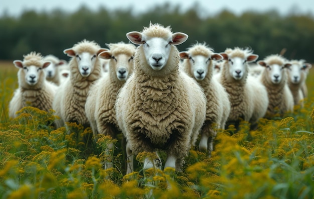Un grand troupeau de moutons Un troupeau d'ovins sur un fond herbeux
