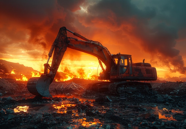 Un grand véhicule de construction rouge et noir traverse un paysage ravagé par le feu. Le ciel est orange et le soleil se couche.