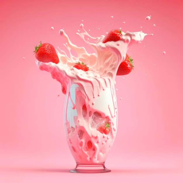 Un grand verre avec un milkshake à la fraise éclaboussant partout sur un fond rose Generative AI