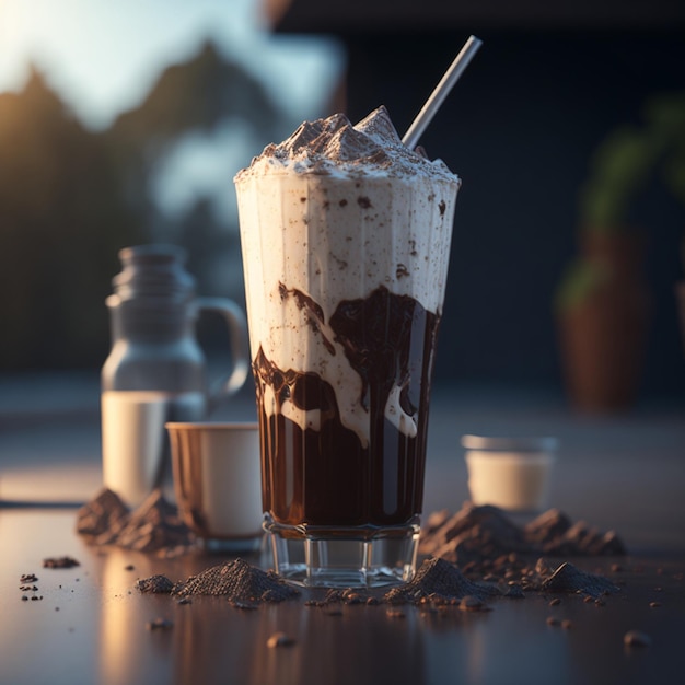 Un grand verre de milkshake avec une paille dedans.