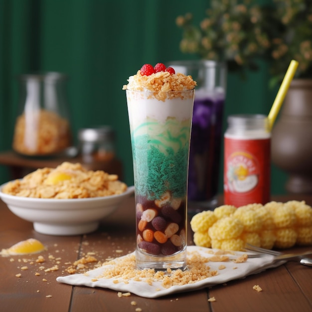 Photo un grand verre de sago't gulaman sucré et rafraîchissant avec des friandises sucrées