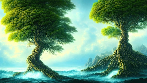 Grand vieil arbre féerique le tronc d'un arbre centenaire de racines volubiles au coucher du soleil illustration 3d