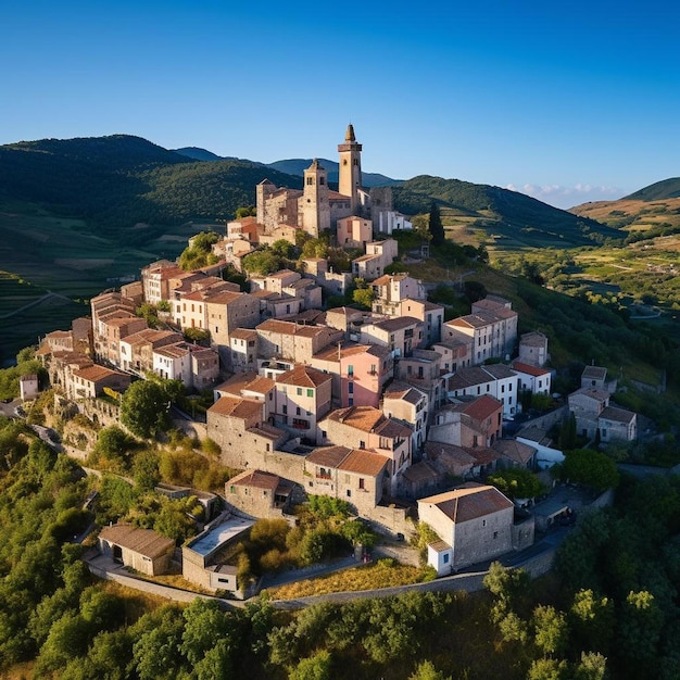 un grand village est entouré d'arbres et un petit village