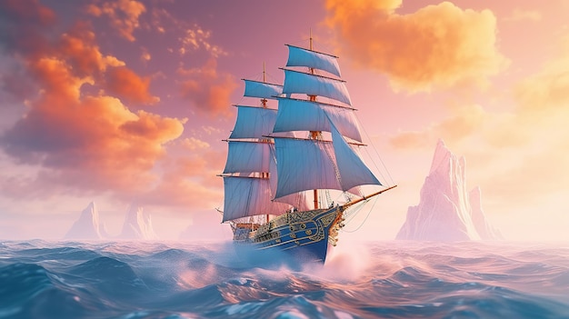 Grand voilier naviguant dans la mer de nuages fond rêveur Generative Ai