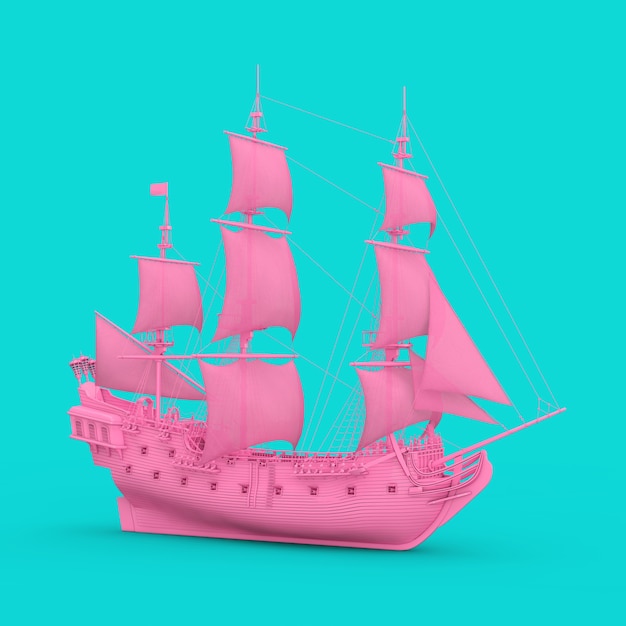 Grand voilier vintage en bois rose, caravelle, bateau pirate ou navire de guerre en style bichromie sur fond bleu. Rendu 3D