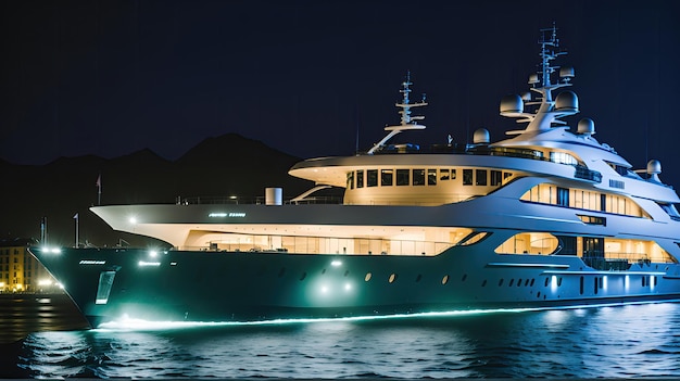 Un grand yacht est éclairé la nuit devant un fond sombre.