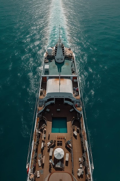 Un grand yacht est vu d'en haut, avec le mot yacht en bas.