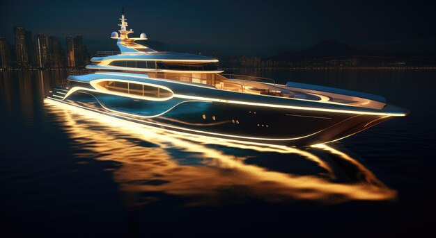 un grand yacht flottant la nuit