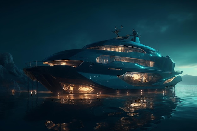 Un grand yacht flotte dans l'eau la nuit.