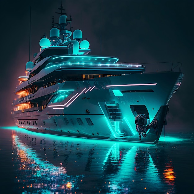 Un grand yacht avec des lumières sur le côté et le mot yacht en bas.