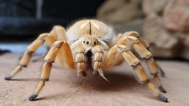 Une grande araignée brune avec une grosse queue est assise sur une surface en bois.