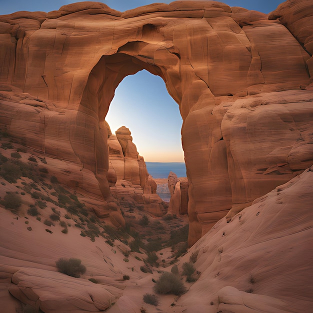 Une grande arche est au milieu d'un désert.
