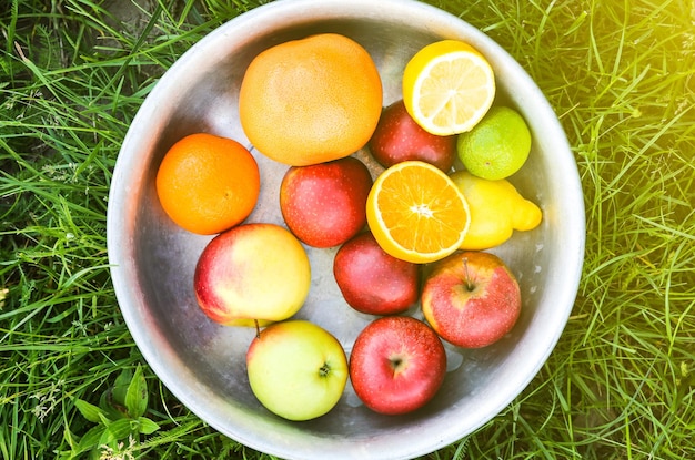 Grande assiette de fruits à l'extérieur. Mode de vie végétalien sain. Respectueux de l'environnement dans la nature. Citrons, oranges et pommes.
