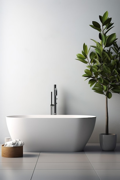 Une grande baignoire blanche se trouve dans une salle de bain moderne avec un arbre en pot à côté