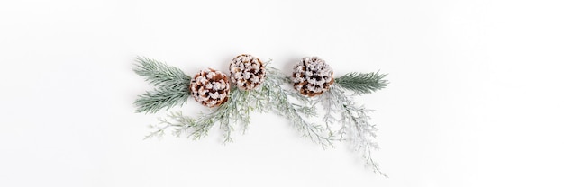 Grande bannière festive de Noël avec un décor de Noël réutilisable fait de branches d'arbres et de pommes de pin sur blanc