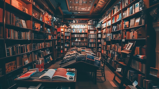 Une grande bibliothèque avec des étagères en bois remplies de livres Une table en bois avec une pile de livres au centre de la bibliothèques