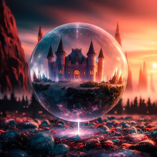 Une grande boule de cristal avec un château à l'intérieur flottant dans les airs.