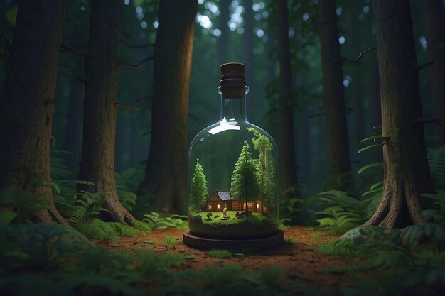 Photo une grande bouteille dans la forêt à l'intérieur de la bouteille il y a une petite ville