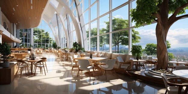 Grande cafétéria moderne vide avec un intérieur écologique et de grandes fenêtres avec vue sur la villeAI Generative
