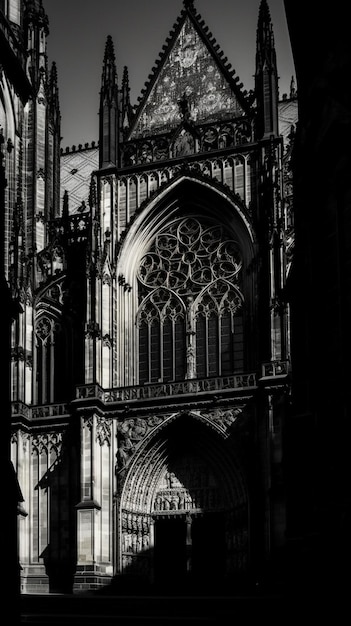 Une grande cathédrale avec une grande fenêtre et un homme debout devant.