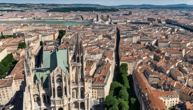 Photo une grande cathédrale avec un toit vert et un grand bâtiment avec une grande horloge au sommet