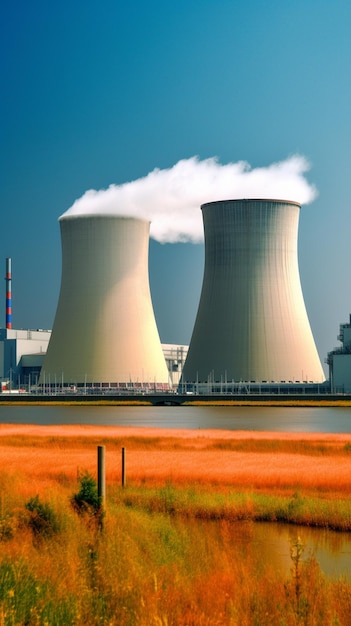 Photo une grande centrale nucléaire avec un ciel bleu et un champ rouge en arrière-plan.