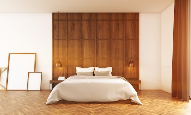 Grande chambre avec des affiches près du mur en bois