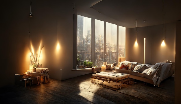 Grande chambre loft spacieuse aux couleurs sombres dans les rayons du soleil avec grande disposition sans fenêtre