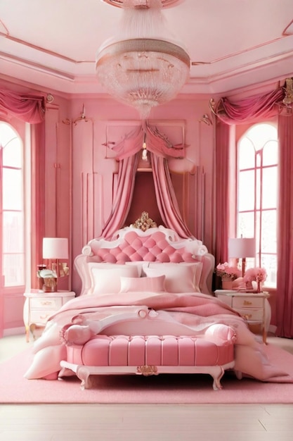 Une grande chambre luxueuse et propre avec une esthétique rose.