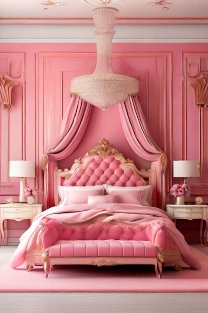 Une grande chambre luxueuse et propre avec une esthétique rose.