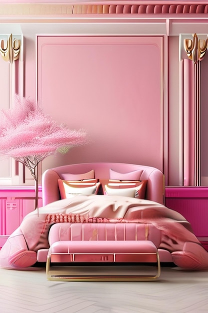 Photo une grande chambre luxueuse et propre avec une esthétique rose.