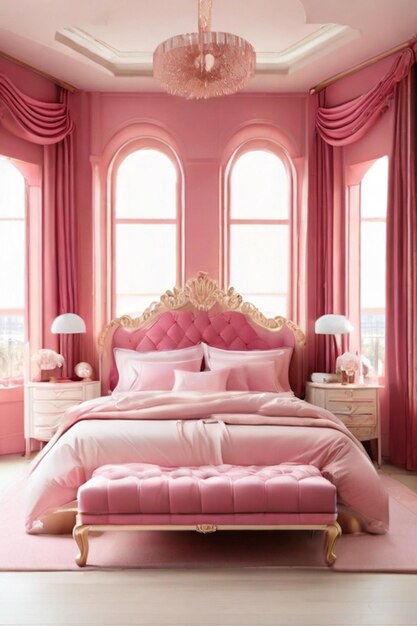 Une grande chambre luxueuse et propre avec une esthétique rose.