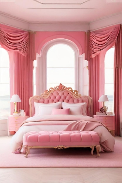 Une grande chambre luxueuse et propre avec une esthétique rose.