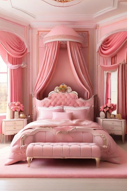 Une grande chambre luxueuse et propre avec une esthétique rose.