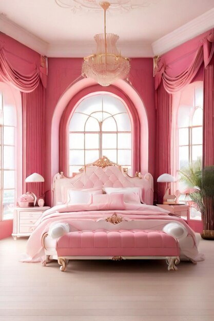 Une grande chambre luxueuse et propre avec une esthétique rose.