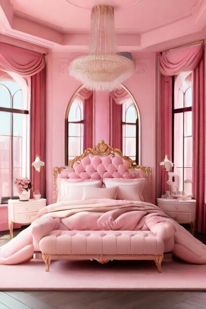 Une grande chambre luxueuse et propre avec une esthétique rose.