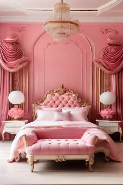 Une grande chambre luxueuse et propre avec une esthétique rose.