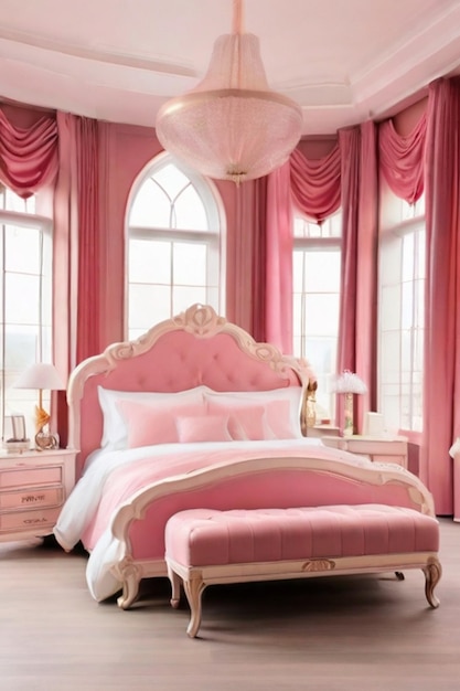 Photo une grande chambre luxueuse et propre avec une esthétique rose.