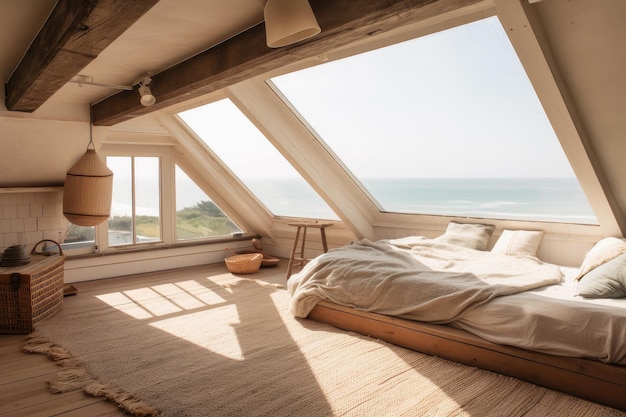 Grande chambre mansardée avec vue sur la plage et les vagues créant un cadre de rêve