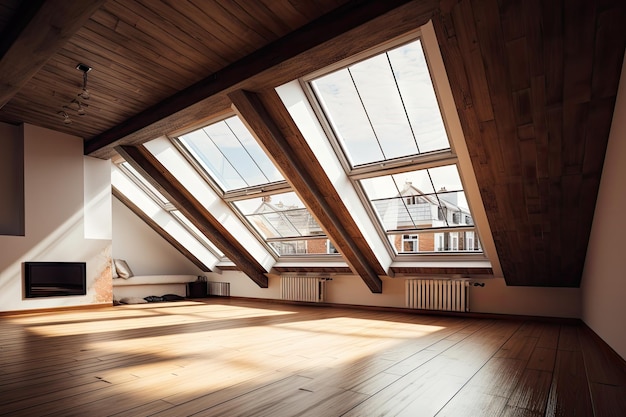 Grande chambre mansardée avec vue sur la ville et un puits de lumière créé avec une IA générative