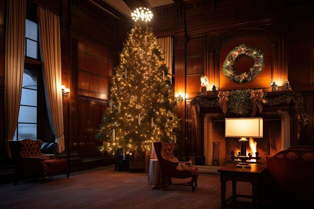 Une grande cheminée avec un arbre de Noël imposant et des lumières scintillantes créées avec une IA générative