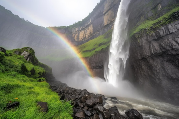 Grande chute d'eau en cascade sur une falaise avec des arcs-en-ciel brumeux en arrière-plan