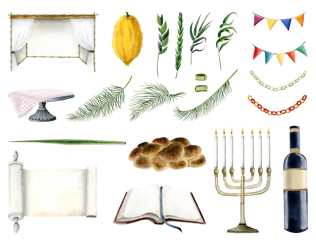 Une grande collection de symboles de Sukkot sukkah tallit agitant le livre Lulav Torah illustration de la ménorah