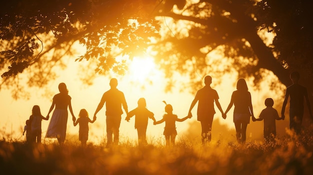 Photo grande communauté famille dans le parc un grand groupe de personnes se tenant par la main marchant silhouette sur la nature coucher de soleil dans le parc grande famille enfant rêve concept les gens dans le parc grand soleil famille