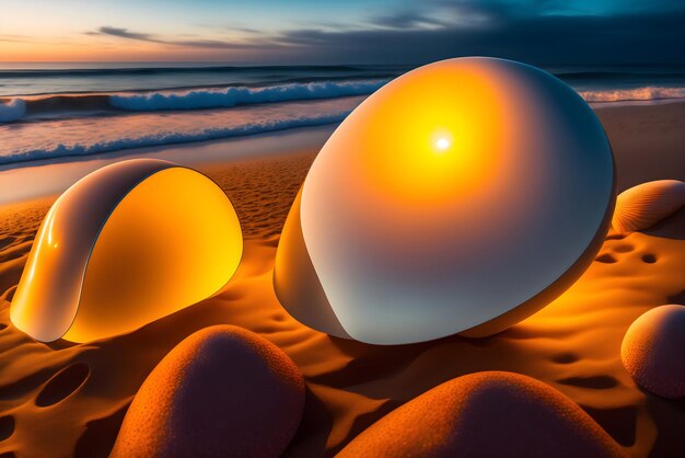 Une grande coquille de nautilus et une coquille ordinaire sur la plage dans les vagues de l'océan à l'heure d'or