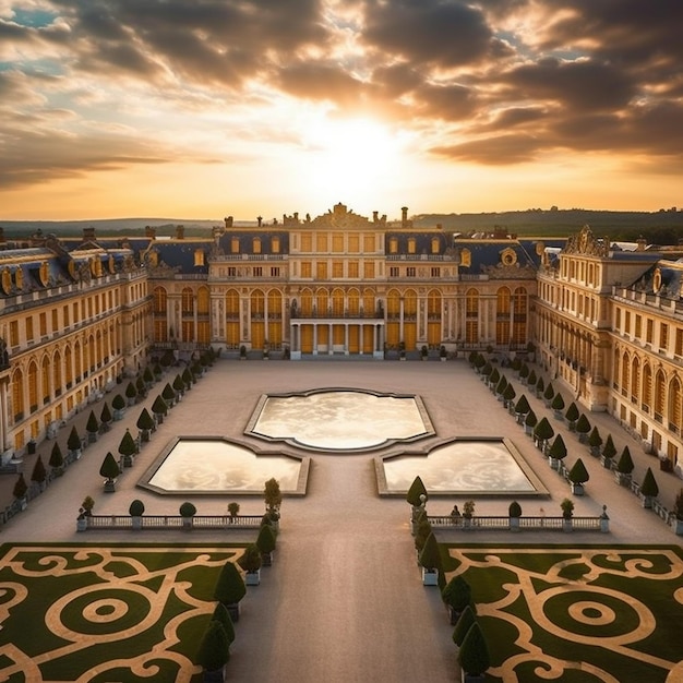 une grande cour avec une fontaine et une grande place au milieu