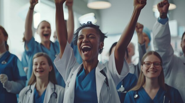 Une grande équipe médicale multiethnique se tient debout à applaudir et à frapper dans l'air avec leurs poings alors qu'ils célèbrent une réussite ou se motivent