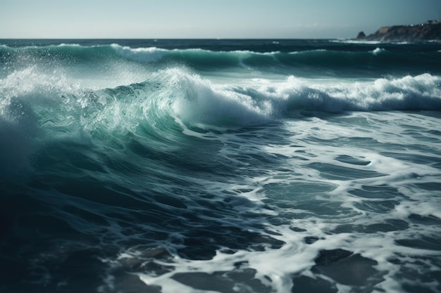 Une grande étendue d'eau avec des vagues qui arrivent sur le rivage IA générative