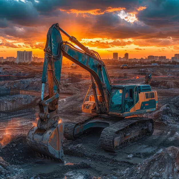 Une grande excavatrice jaune travaille sur un chantier au coucher du soleil